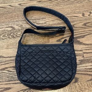 MZ Wallace Quilted Black Crossbody Bag with red detailing